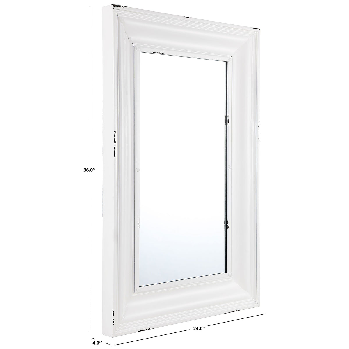 The white framed mirror measures 24 inches wide, 36 inches high, and 4 inches deep || MRR1059A || dimension_studio