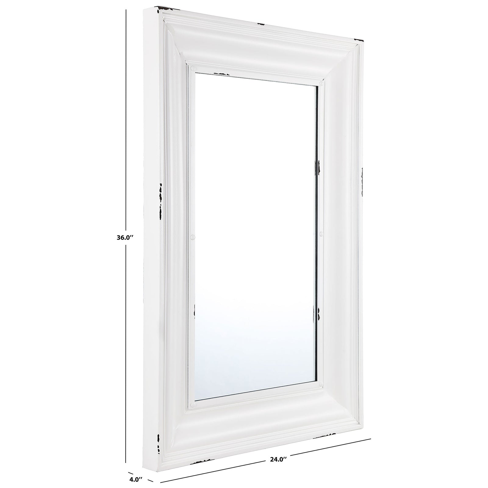 The white framed mirror measures 24 inches wide, 36 inches high, and 4 inches deep || MRR1059A || dimension_studio