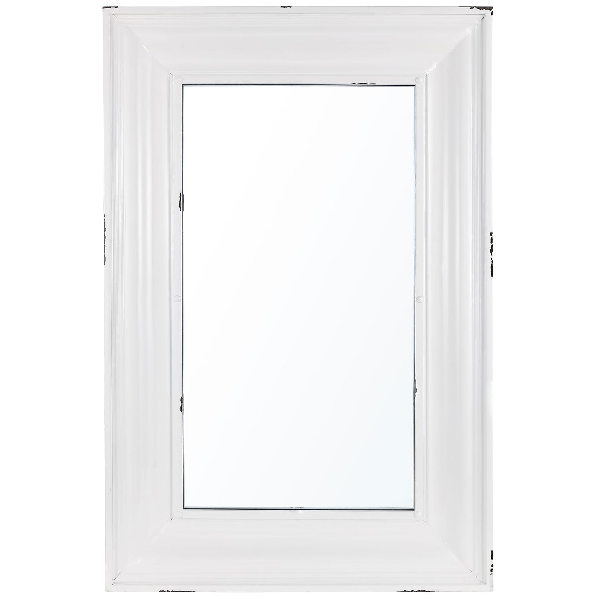 A tall rectangular mirror pairs a white paneled frame with softly distressed edges || MRR1059A || front_studio
