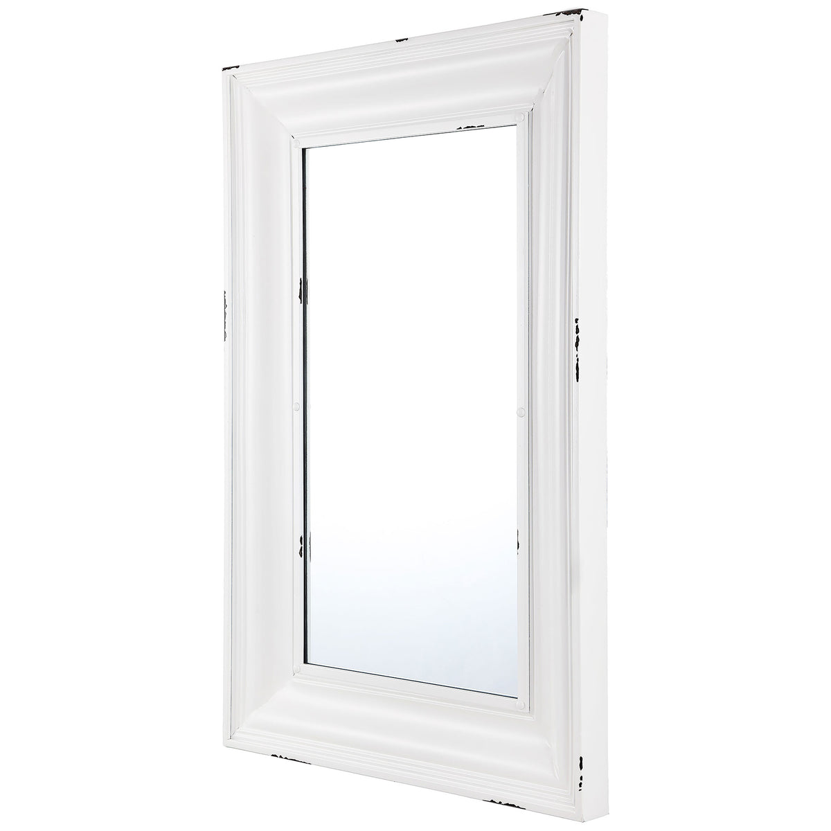 Deep white molding and distressed edges add dimension to a tall rectangular mirror