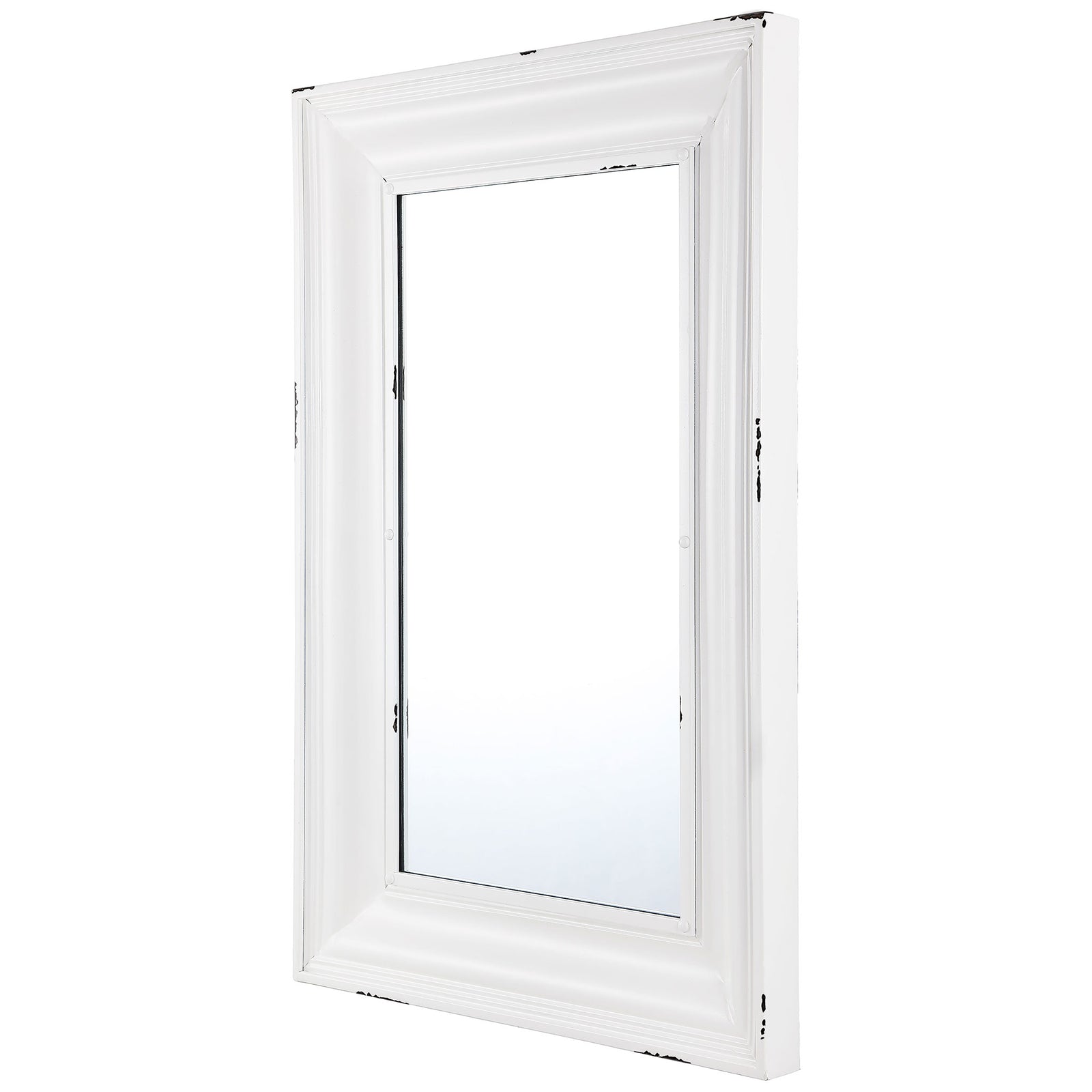 Deep white molding and distressed edges add dimension to a tall rectangular mirror || MRR1059A || front_angle_studio