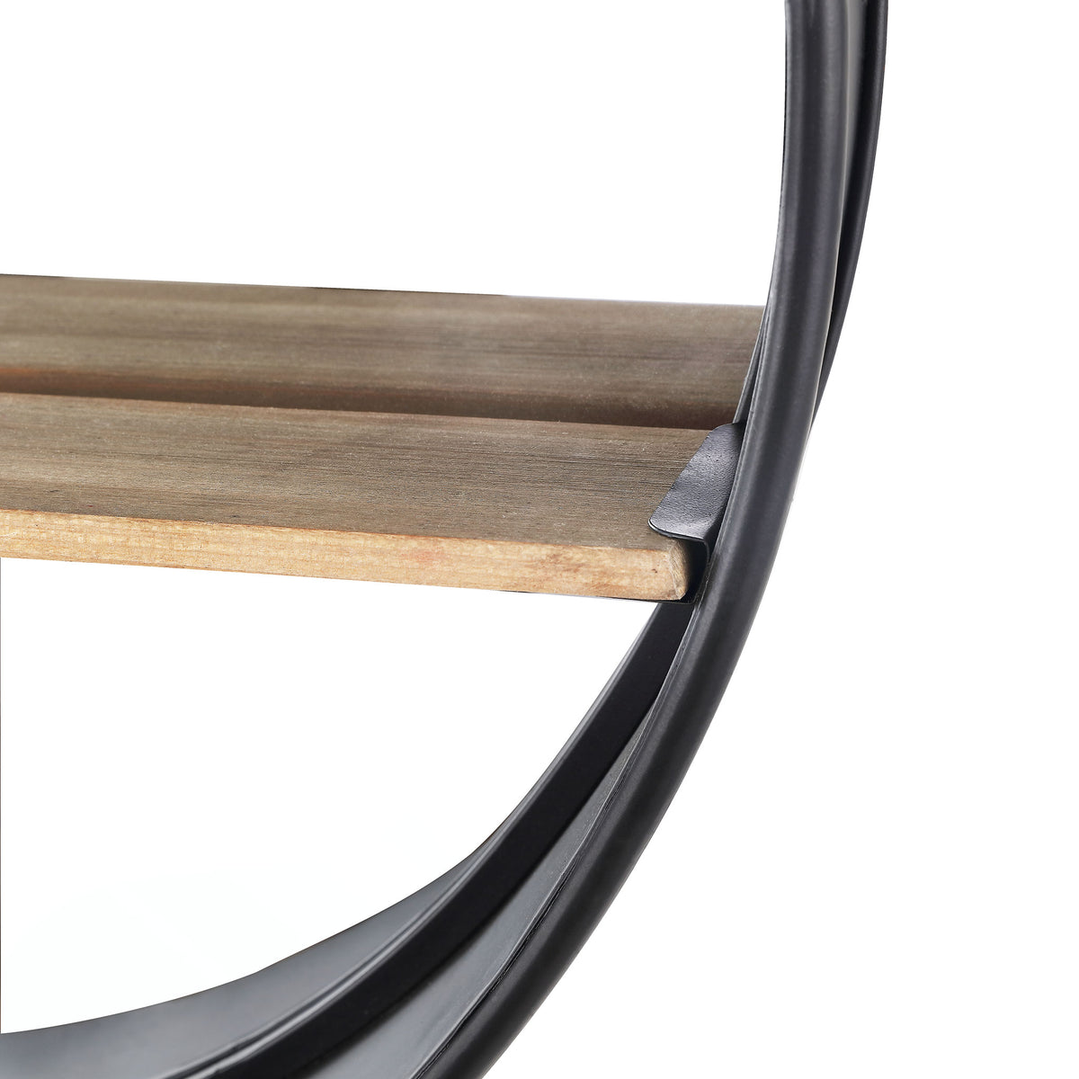 A warm wood shelf contrasts with the curved black frame of this round mirror || MRR1063A || storage_studio