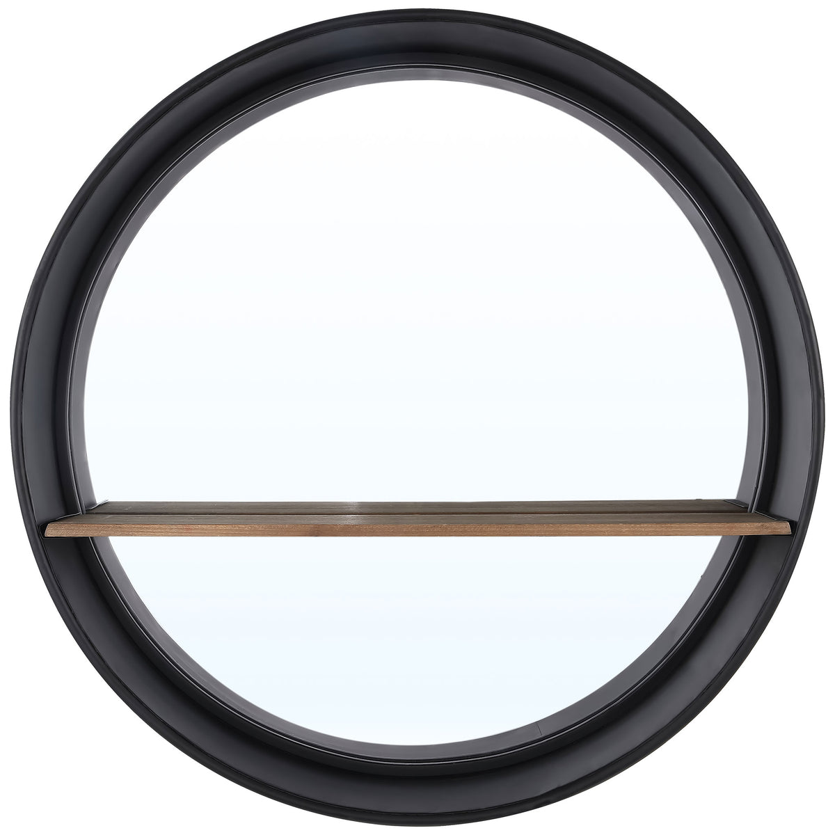 A round mirror pairs a deep black frame with a wood shelf for displaying accents || MRR1063A || front_studio