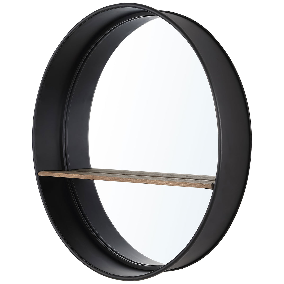 A deep black frame gives this round mirror sculptural depth around its wood shelf