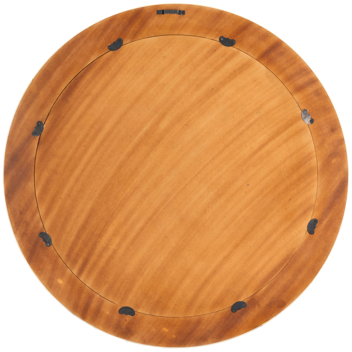The round mirror's warm wood-toned backing includes a metal keyhole hanger for wall mounting || MRR1500A || back_studio