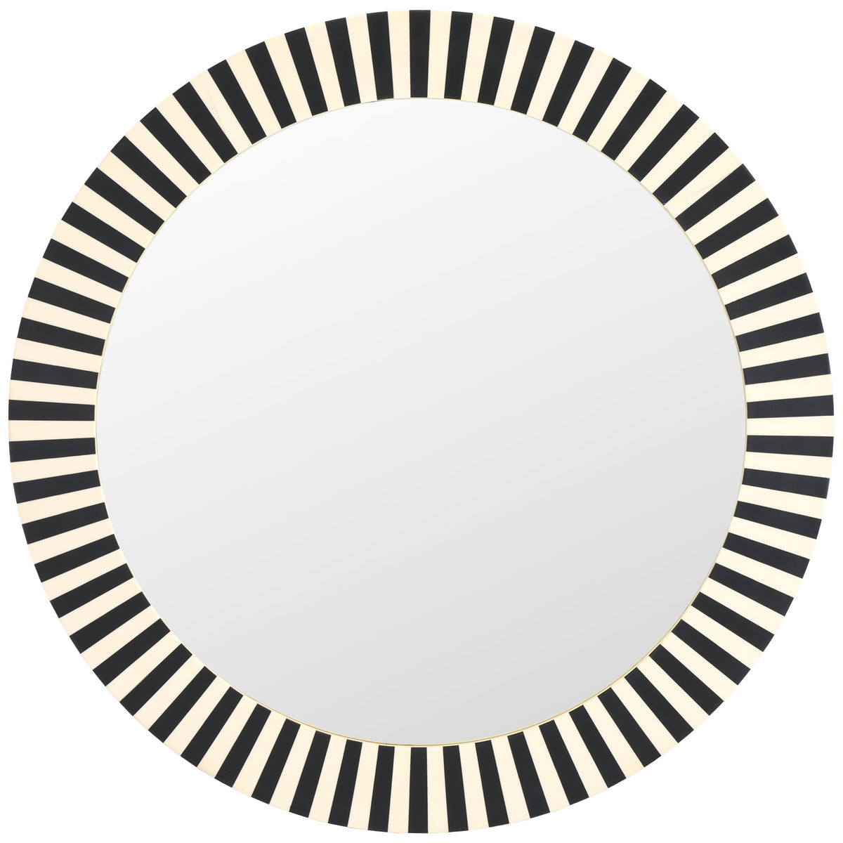 A wide striped frame surrounds the round mirror with a striking black-and-ivory pattern || MRR1500A || front_studio