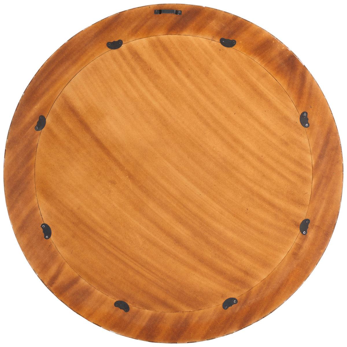 A warm wood backing with metal mounting hardware supports the round wall mirror. || MRR1502A || back_studio