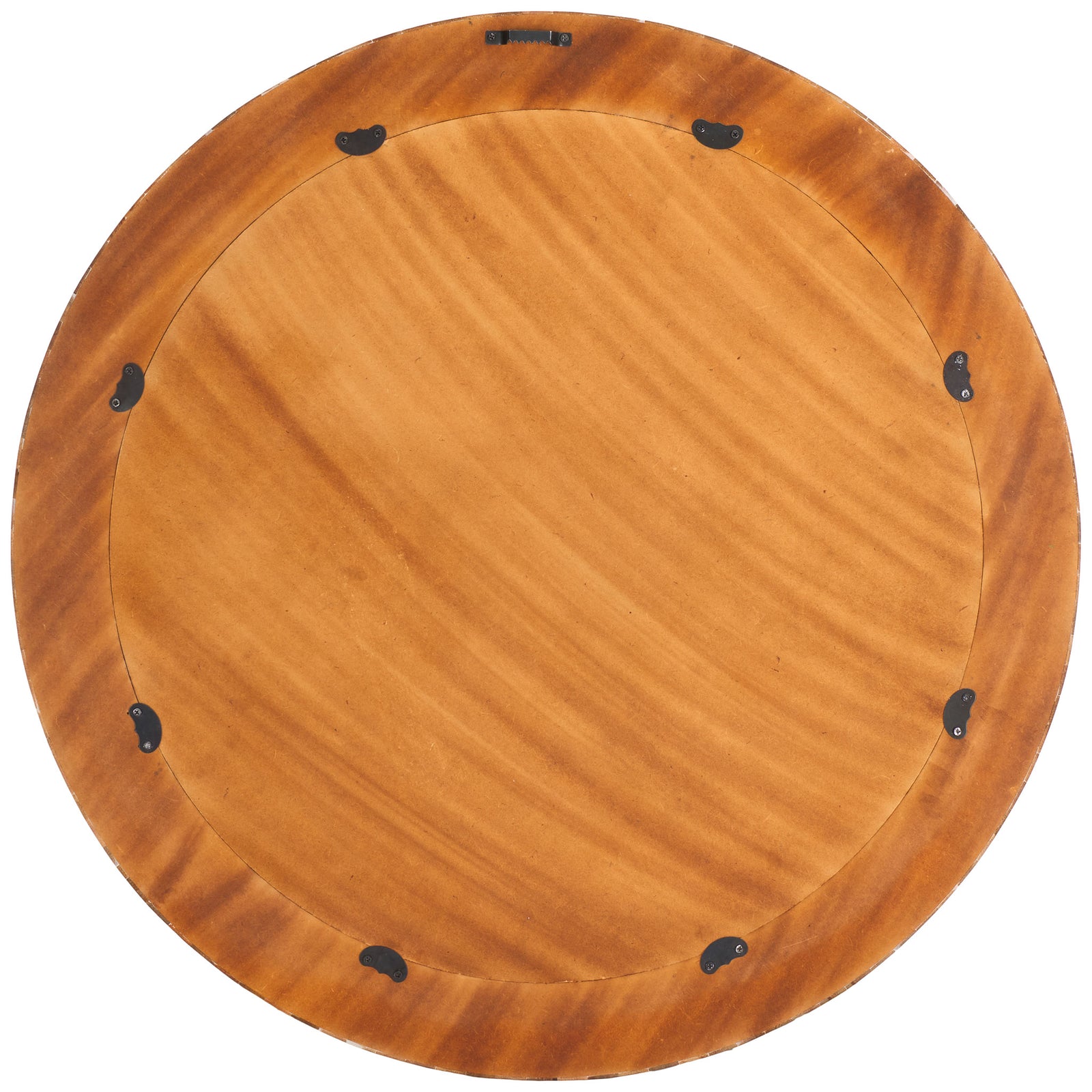 A warm wood backing with metal mounting hardware supports the round wall mirror. || MRR1502A || back_studio