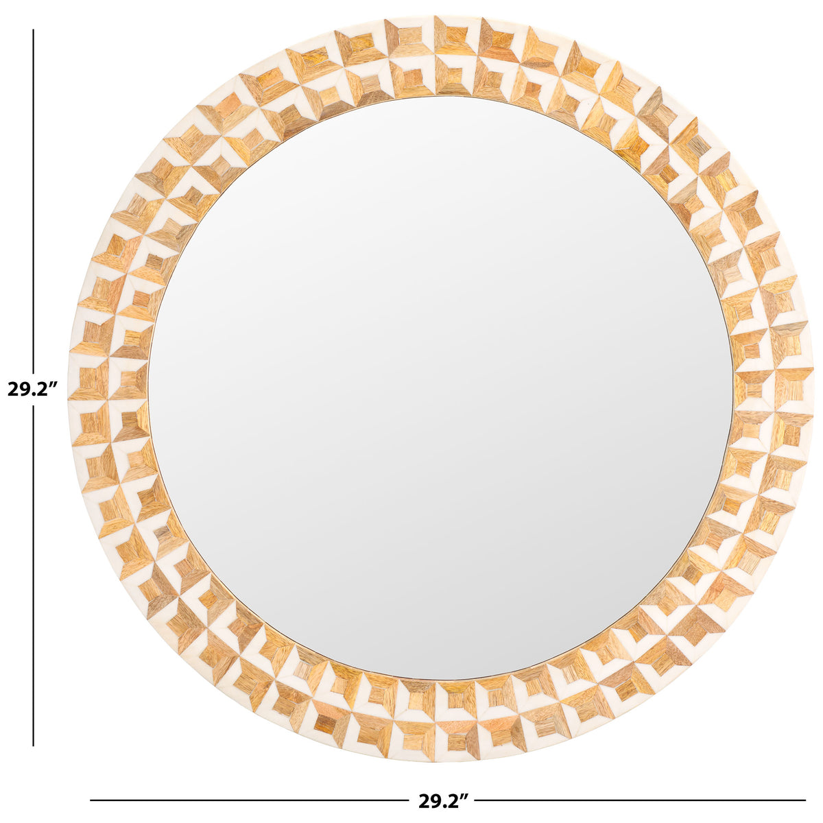 The round mirror measures 29.2 inches across its patterned frame. || MRR1502A || dimension_studio