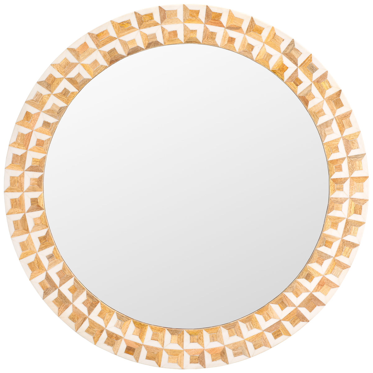 A round mirror is framed by geometric blocks in antique ivory and natural brown. || MRR1502A || front_studio
