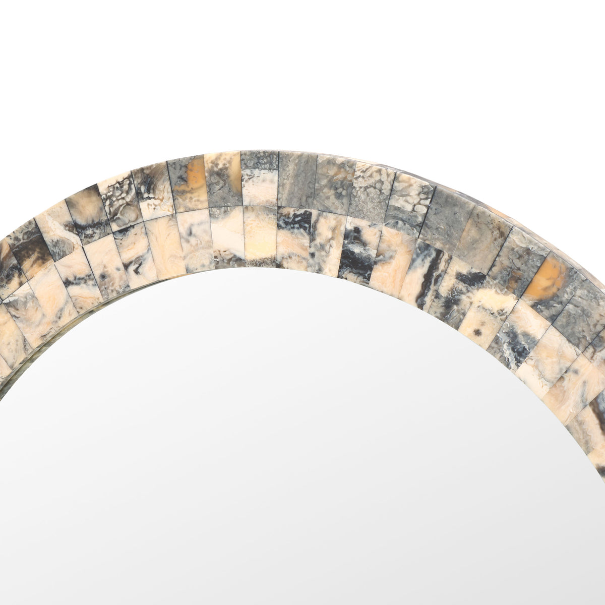 A broad ring of marbled cream, smoky gray, and amber squares gives the mirror rich texture. || MRR1503A || detail_studio