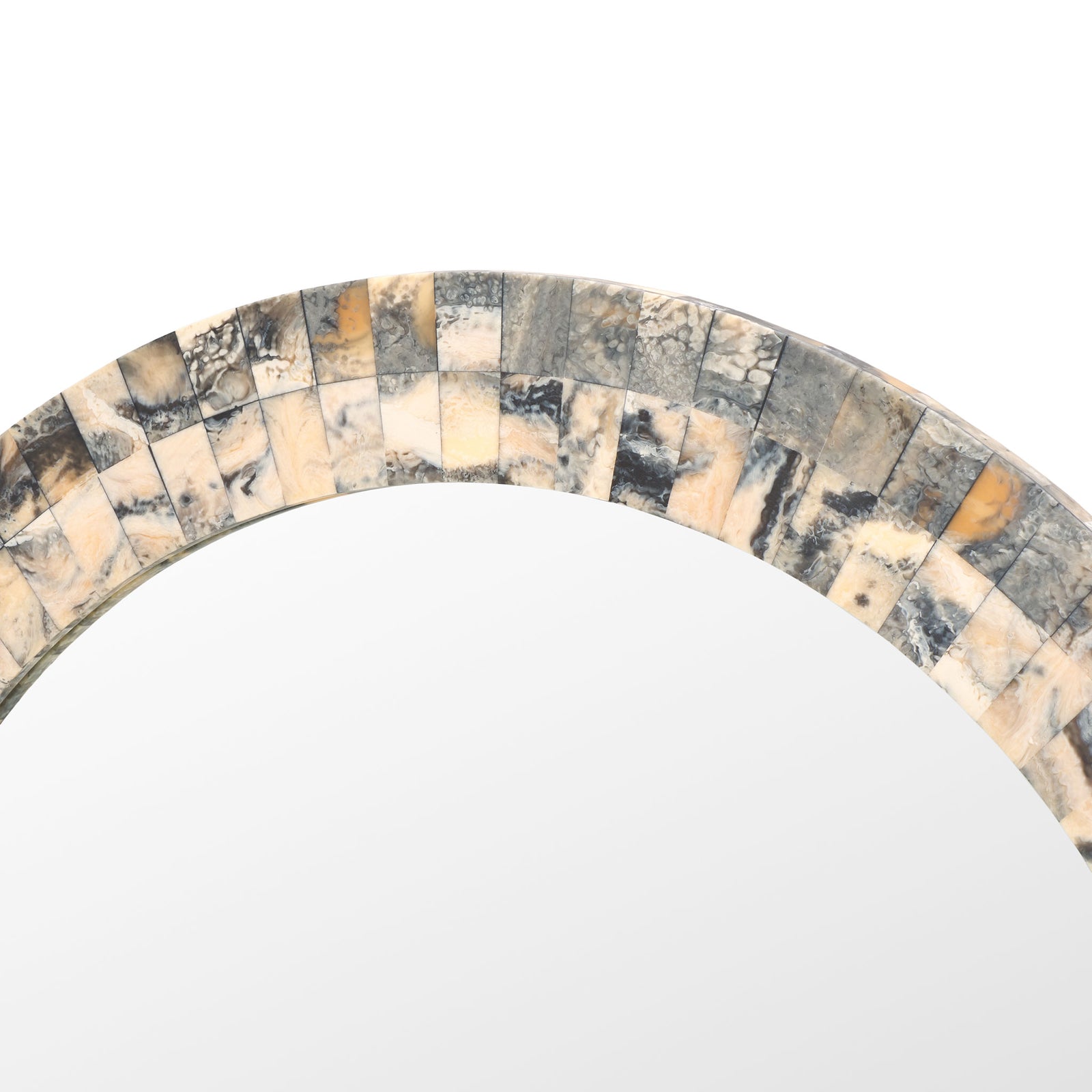 A broad ring of marbled cream, smoky gray, and amber squares gives the mirror rich texture. || MRR1503A || detail_studio