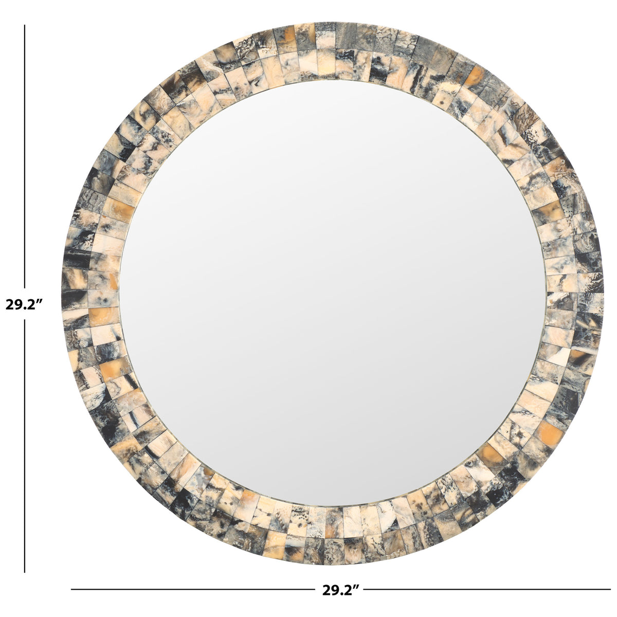 The round mosaic mirror measures 29.2 inches across and offers a generous reflective surface.