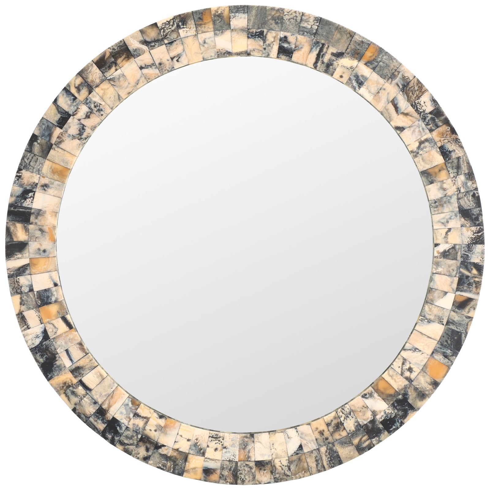 A circular mirror pairs a wide reflective center with a marbled gray, cream, and amber frame. || MRR1503A || front_studio