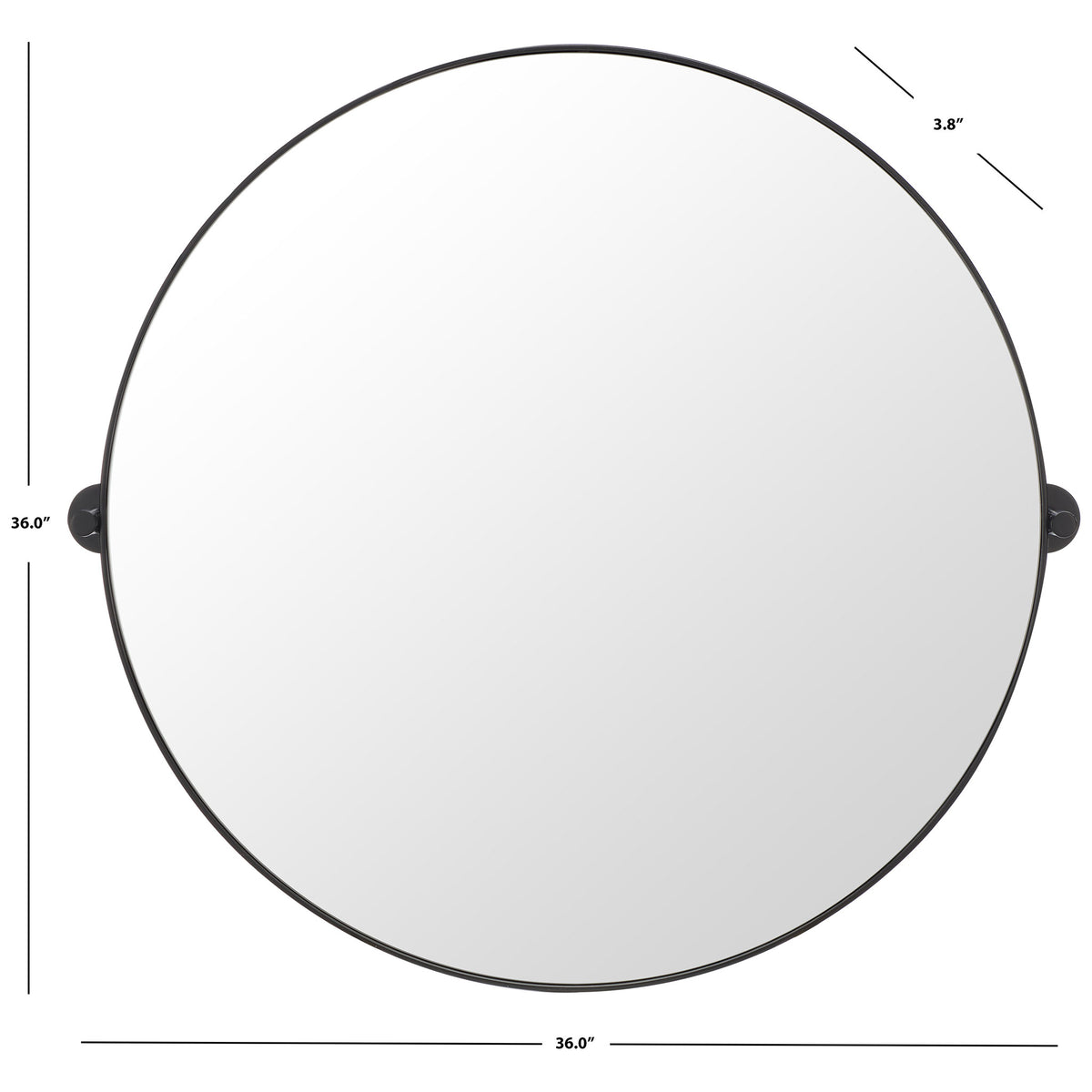 The black-framed round mirror measures 36 inches across and projects 3.8 inches from the wall || MRR2000B || dimension_studio