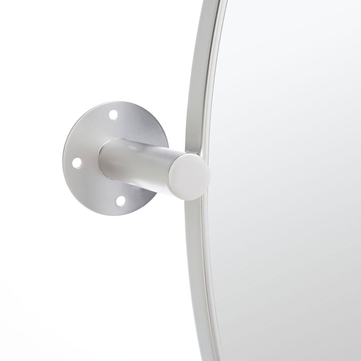 A silver metal arm joins the mirror frame to a circular wall plate with three mounting holes