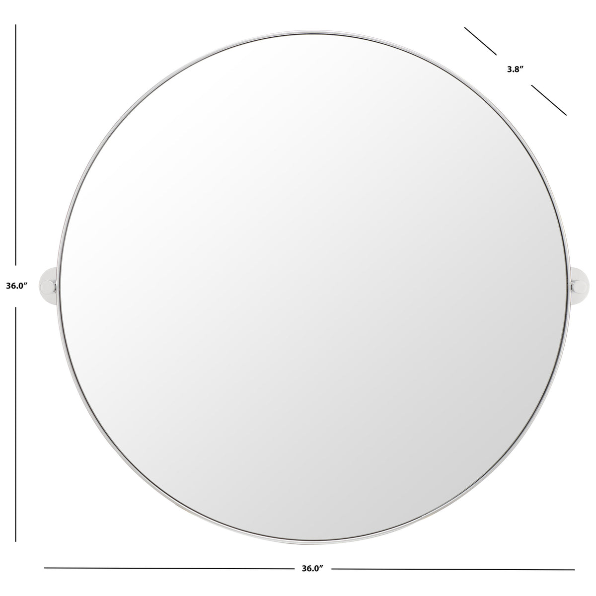 The silver-framed round mirror measures 36 inches across and projects 3.8 inches from the wall