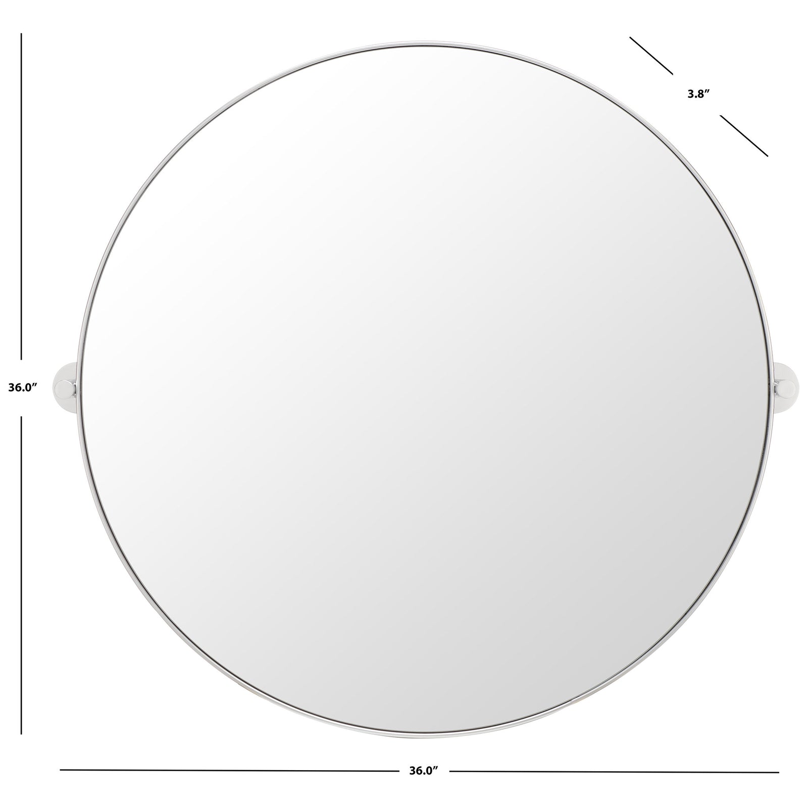 The silver-framed round mirror measures 36 inches across and projects 3.8 inches from the wall || MRR2000C || dimension_studio
