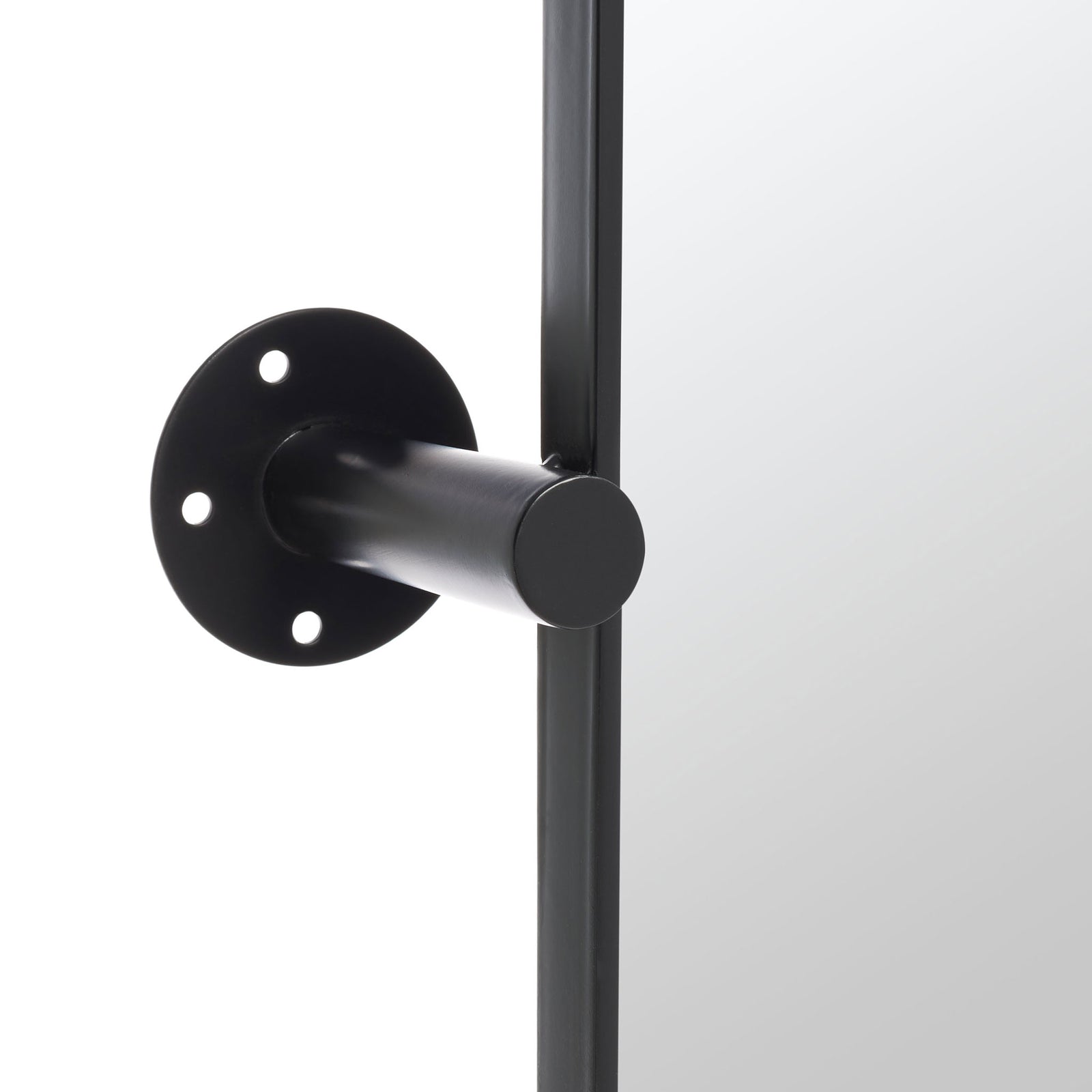 A black metal mounting arm links the mirror frame to a circular wall plate. || MRR2001A || detail_studio
