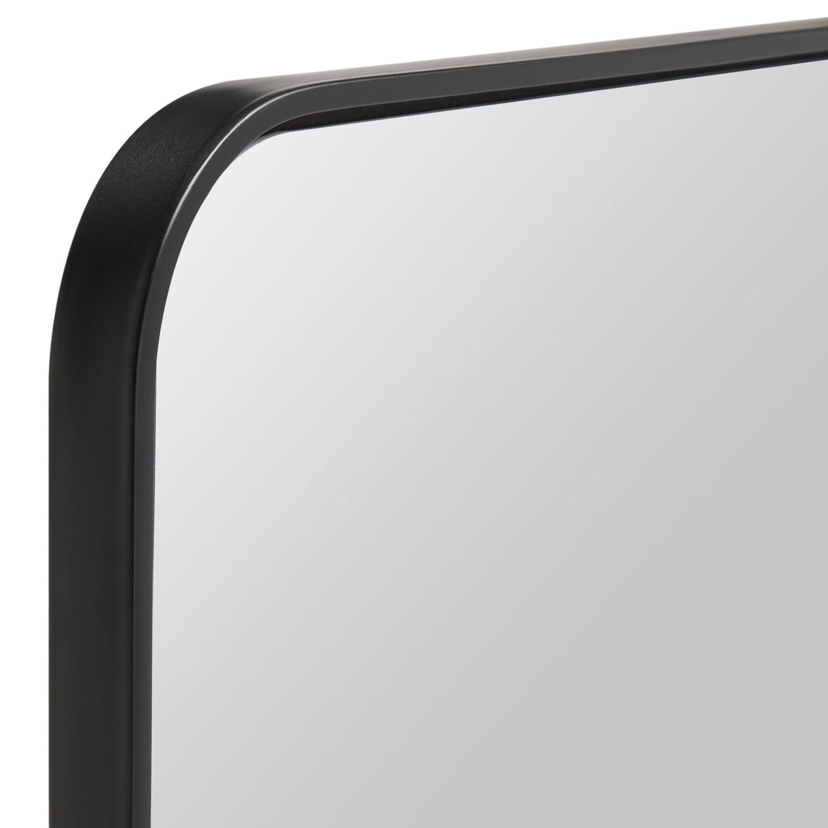 A rounded corner and slim black metal frame border the reflective glass. || MRR2001A || detail_studio