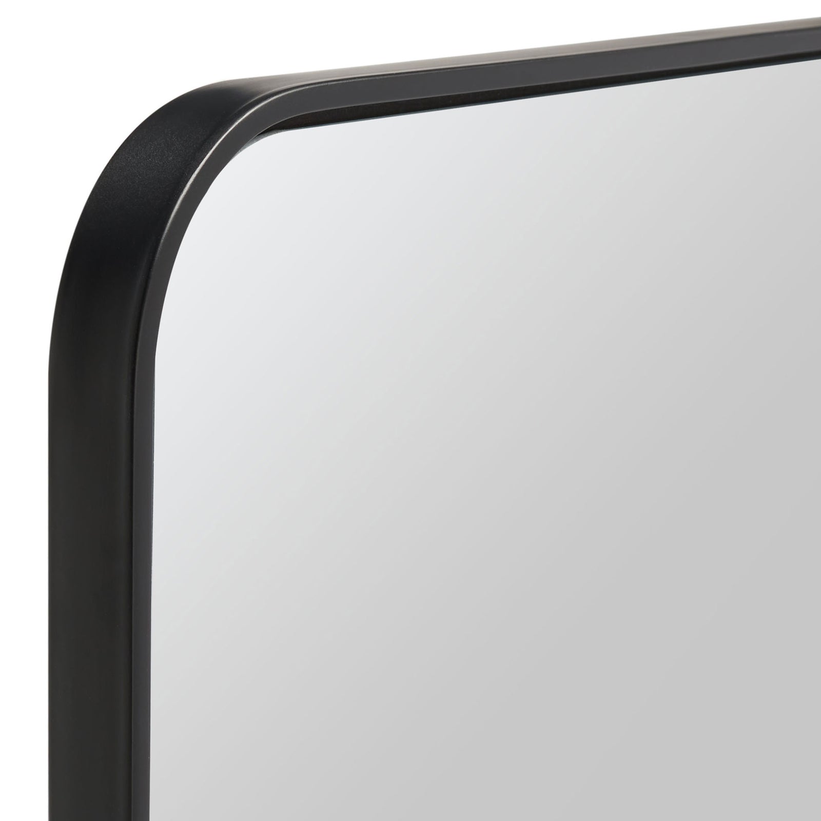 A rounded corner and slim black metal frame border the reflective glass. || MRR2001A || detail_studio