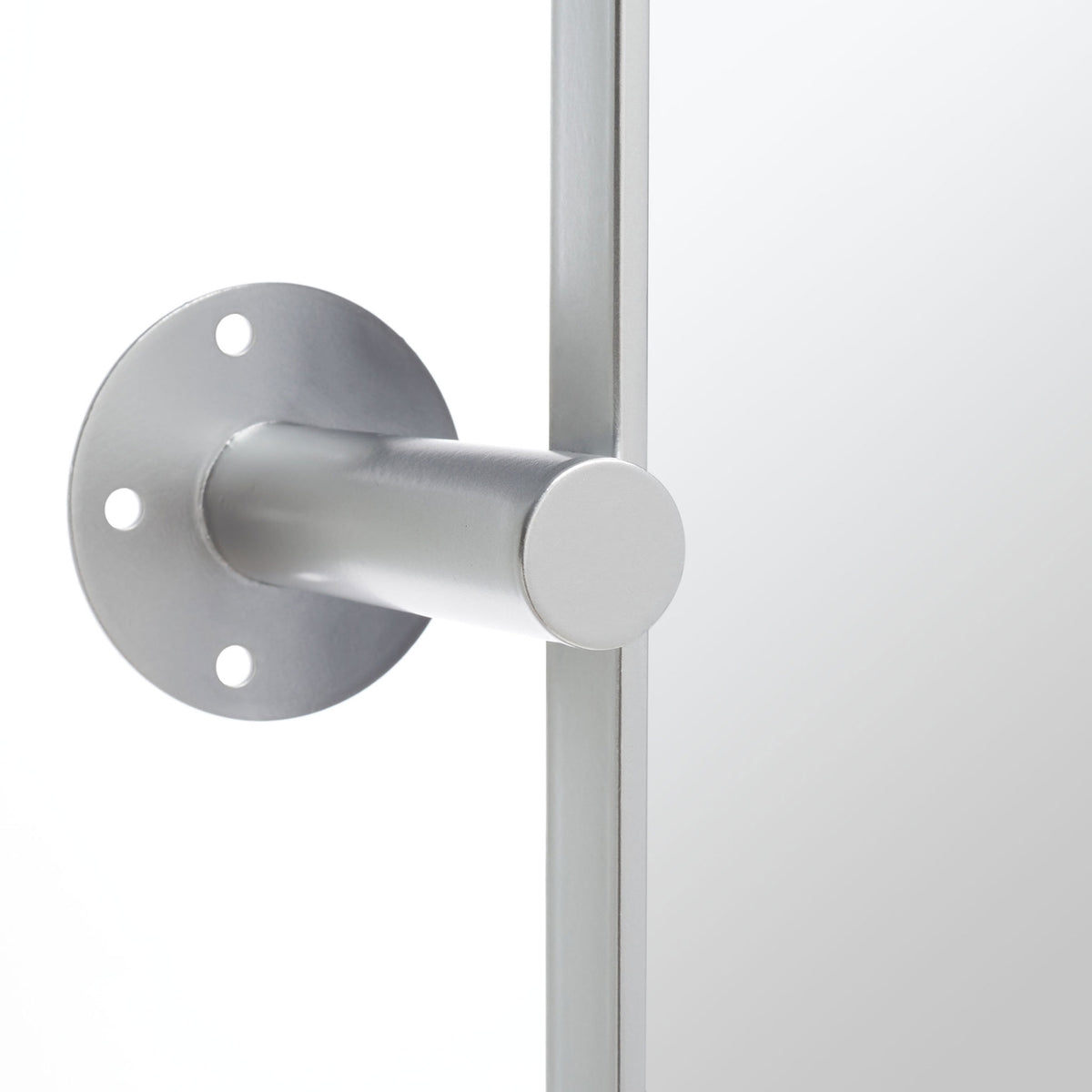A silver cylindrical support connects the mirror frame to a circular plate with three mounting holes.