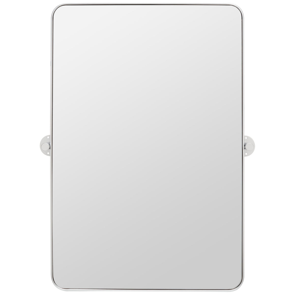 Silver metal-framed rectangular mirror has rounded corners and matching circular mounting plates. || MRR2001B || front_studio