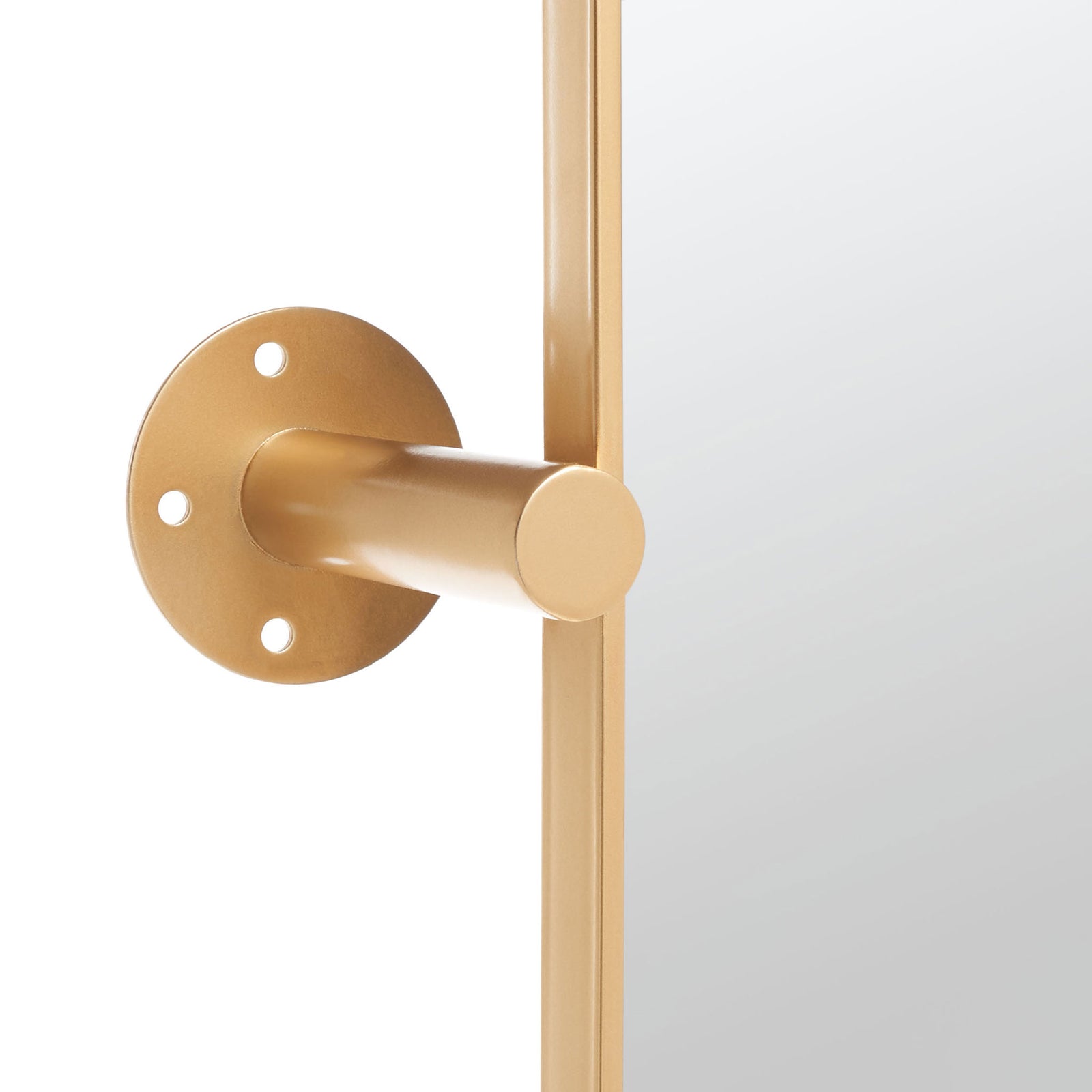 Brass-finished metal arm joins the mirror frame to a round, three-hole mounting plate. || MRR2001C || detail_studio