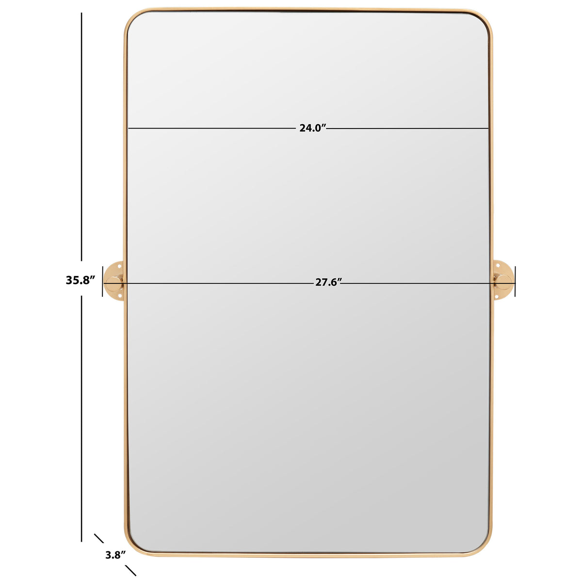 Brass-framed mirror has a 24-inch frame width, a 35.8-inch height, and a 3.8-inch mounting depth. || MRR2001C || dimension_studio