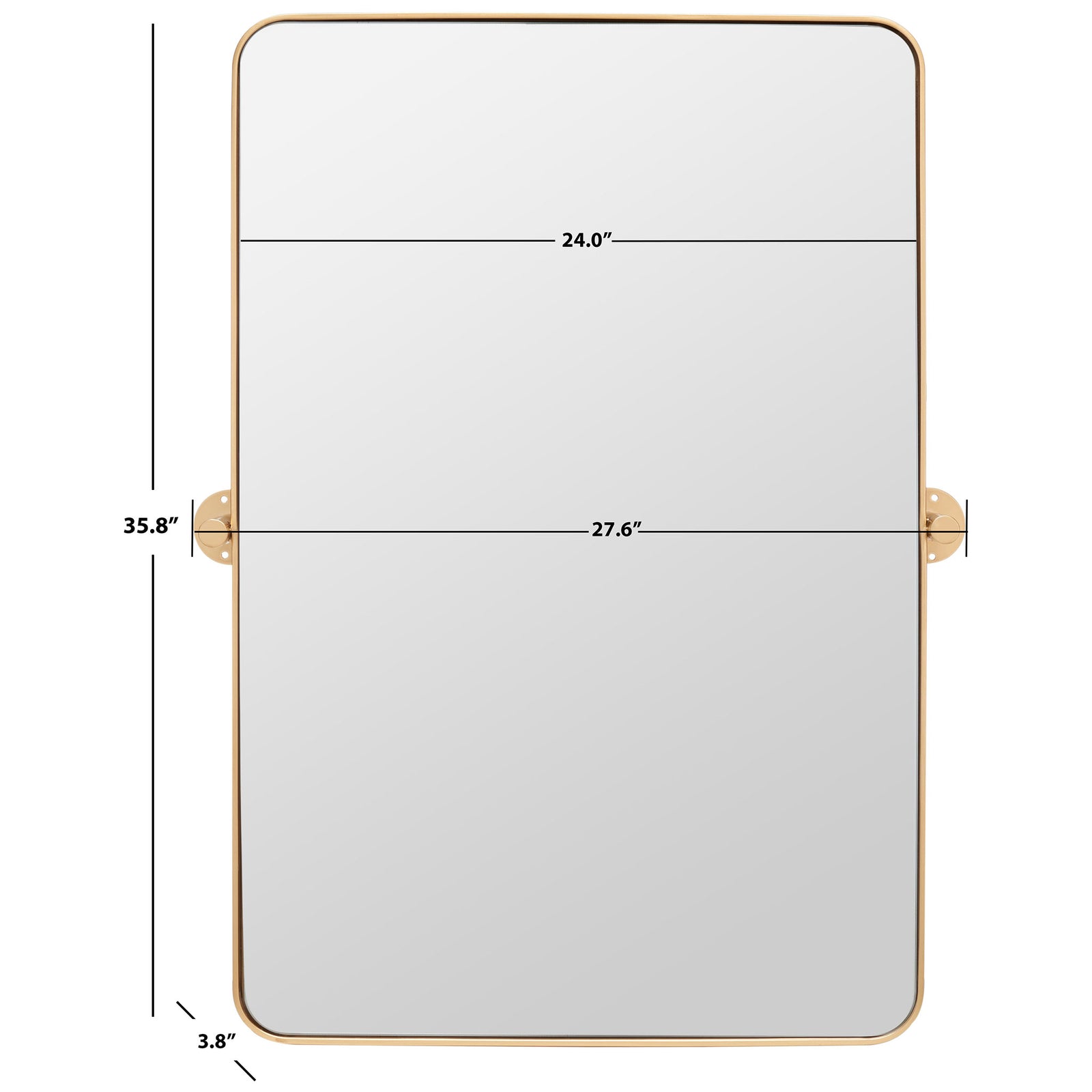 Brass-framed mirror has a 24-inch frame width, a 35.8-inch height, and a 3.8-inch mounting depth. || MRR2001C || dimension_studio