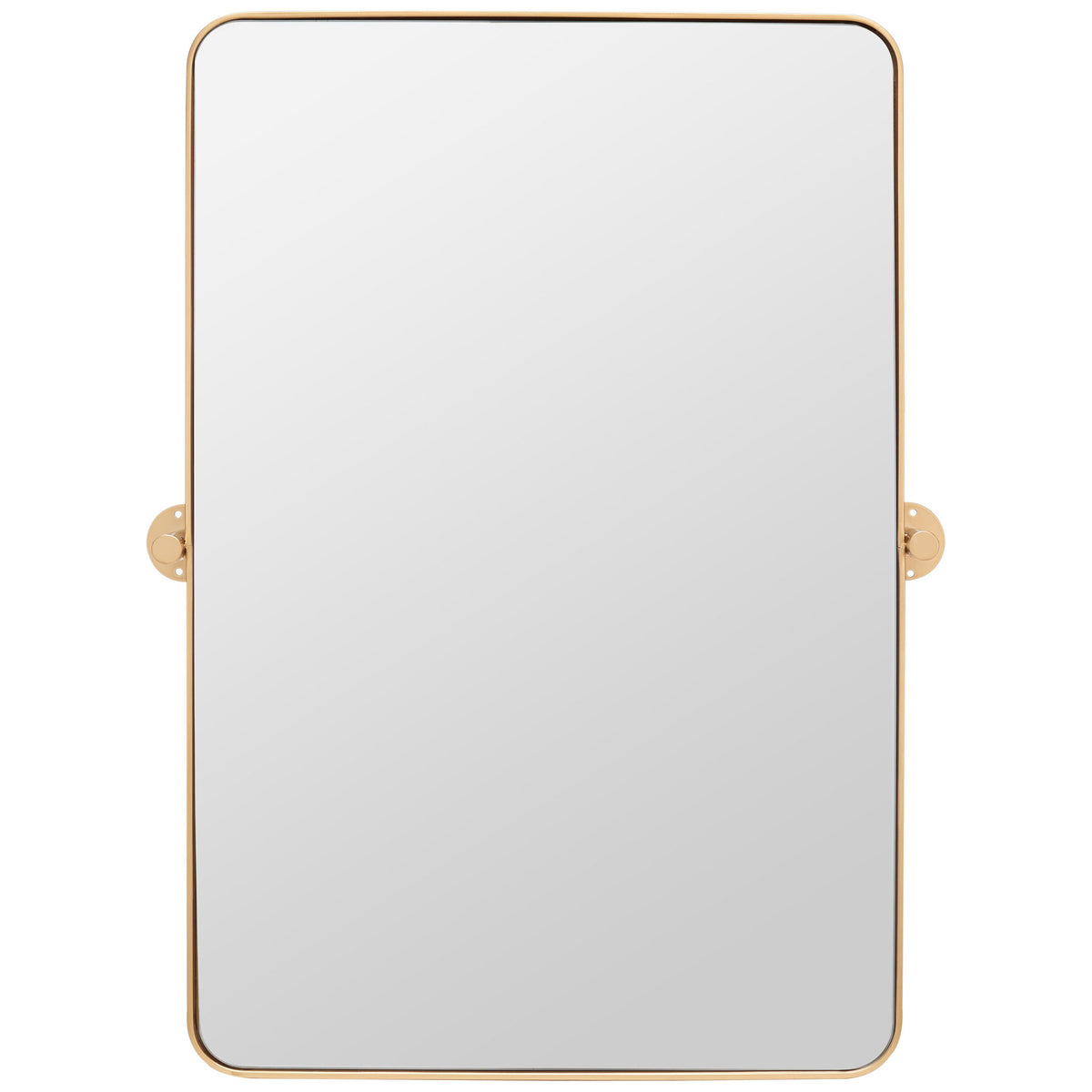Tall rectangular mirror combines rounded corners, a slender brass frame, and round wall mounts. || MRR2001C || front_studio