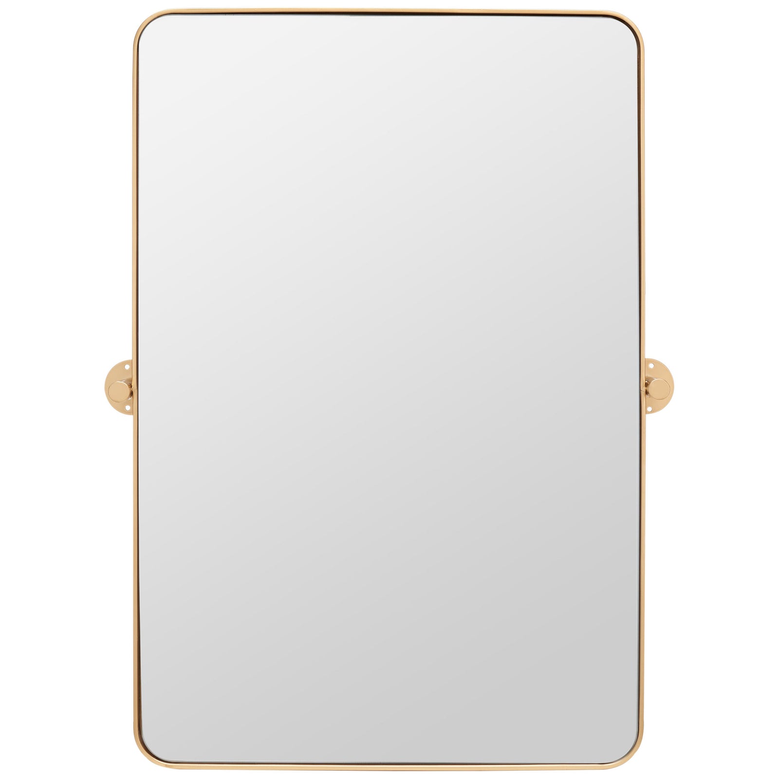 Tall rectangular mirror combines rounded corners, a slender brass frame, and round wall mounts. || MRR2001C || front_studio