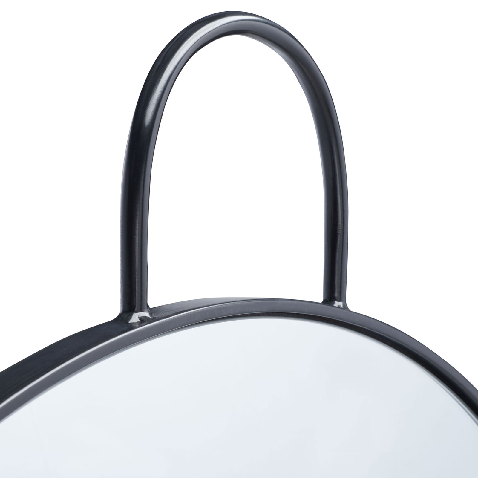 A black arched metal loop meets the mirror's narrow rim, adding a sculptural flourish || MRR2002A || detail_studio