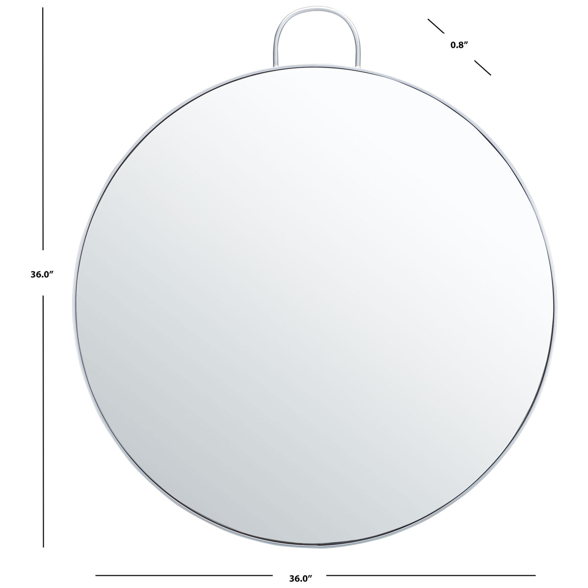 A 36-inch circular mirror pairs a sleek silver frame with an arched top loop || MRR2002B || dimension_studio