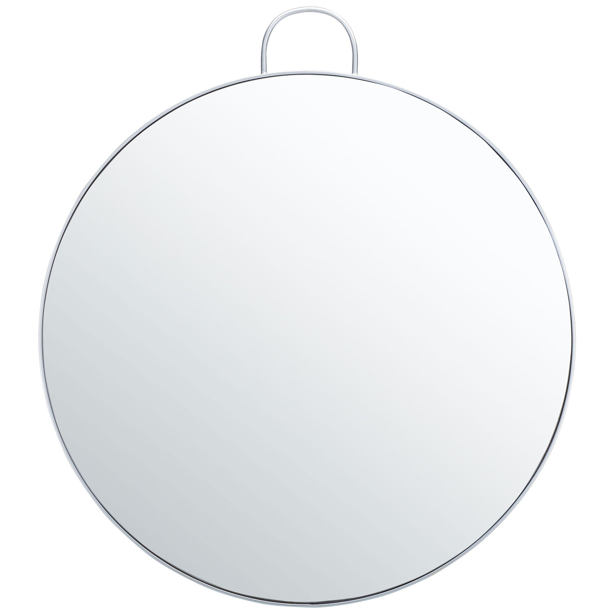 A slender silver metal rim surrounds the round mirror beneath an elegant arched loop || MRR2002B || front_studio