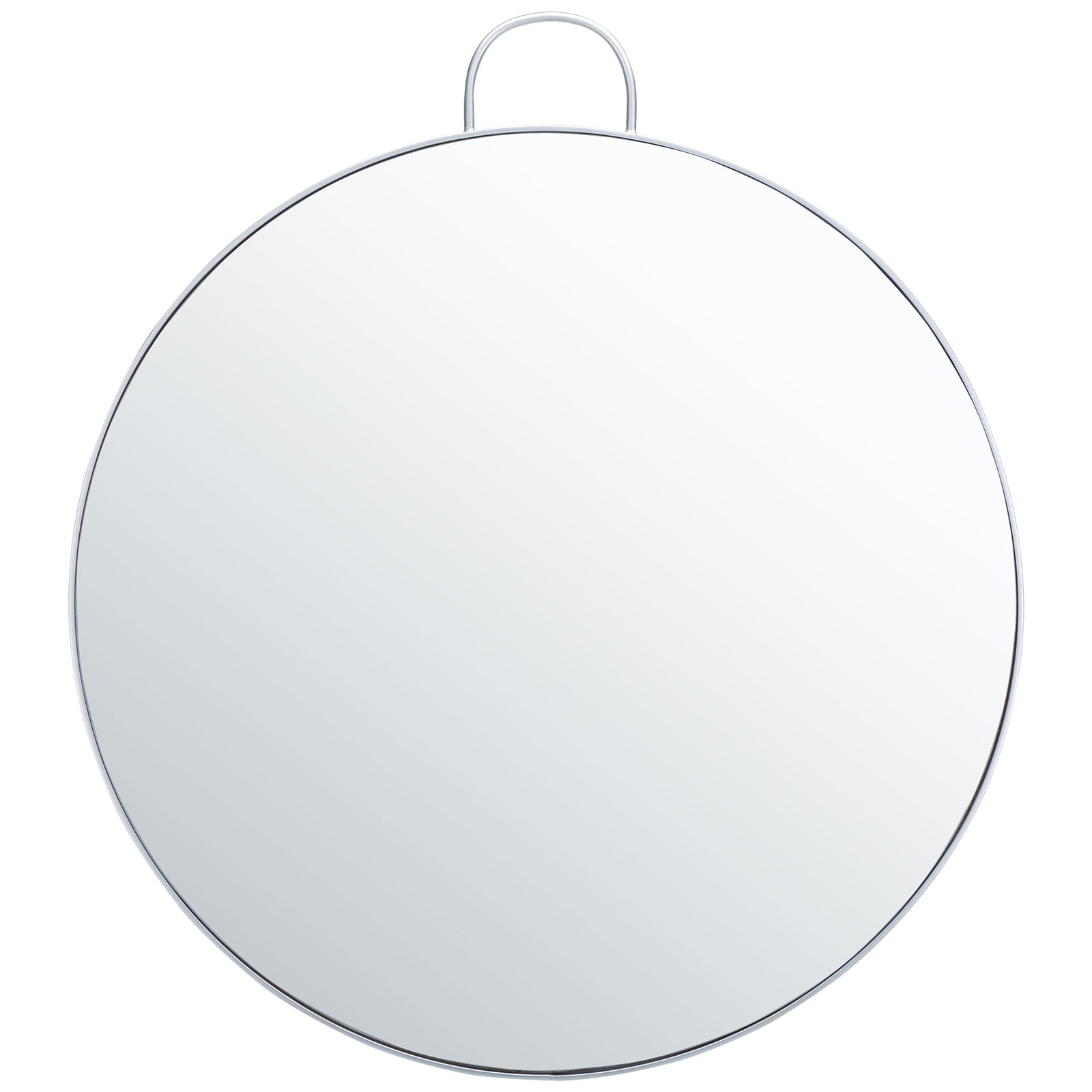 A slender silver metal rim surrounds the round mirror beneath an elegant arched loop || MRR2002B || front_studio