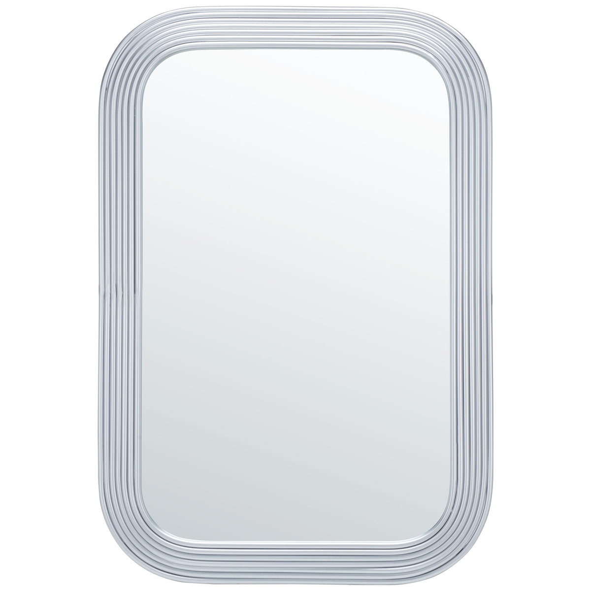 Rounded rectangular mirror framed by sleek, layered silver metal bands || MRR2003B || front_studio