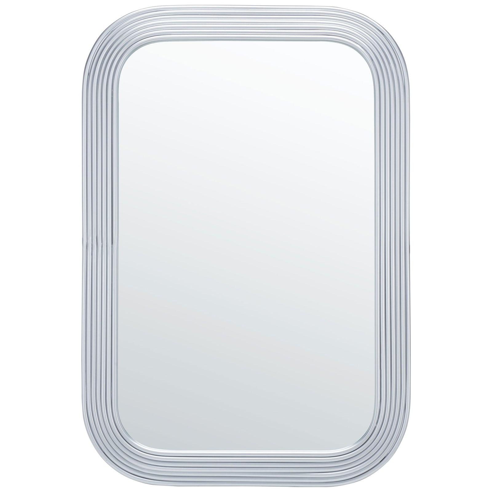Rounded rectangular mirror framed by sleek, layered silver metal bands || MRR2003B || front_studio