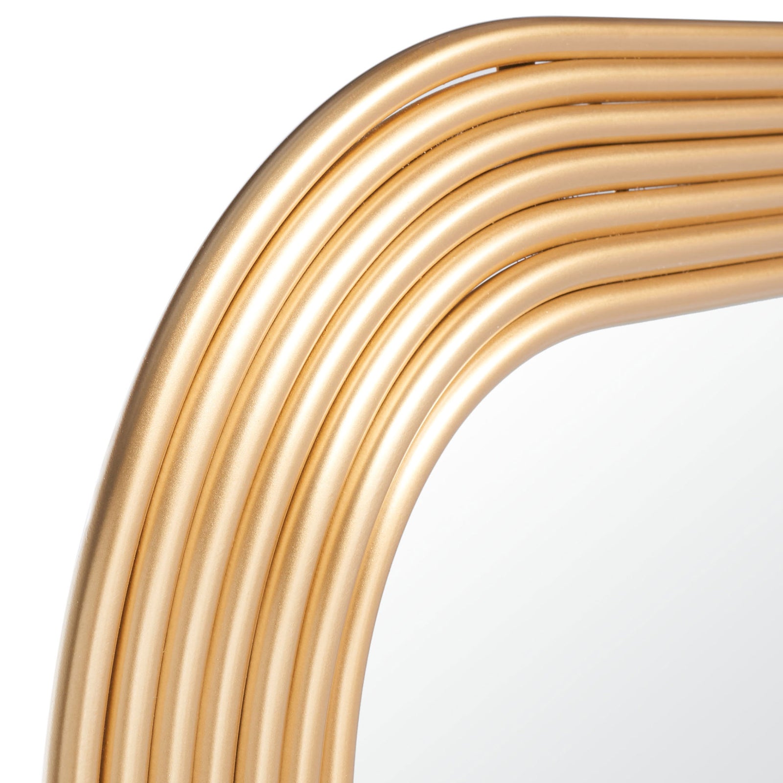 Warm brass-toned metal bands curve around the mirror's rounded corner || MRR2003C || detail_studio