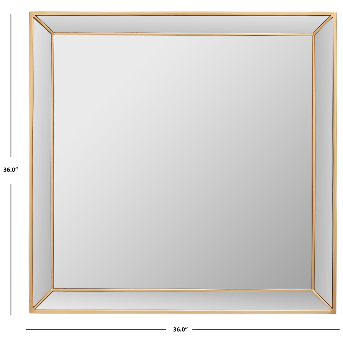 At 36 inches square, this brass-finished mirror pairs an inset glass center with angular corner accents. || MRR2004A || dimension_studio