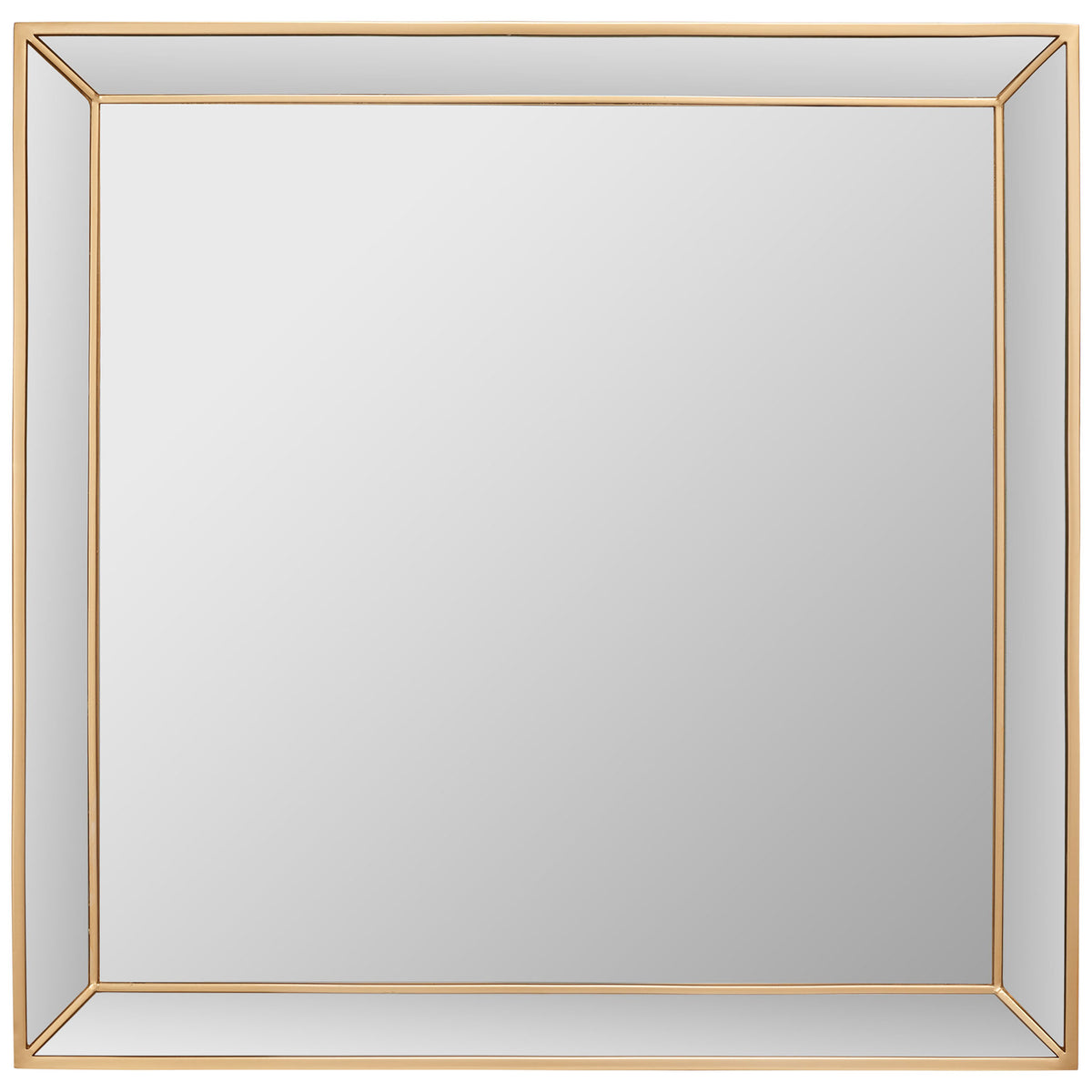 A large square mirror features a warm brass-tone metal outline and a broad reflective center. || MRR2004A || front_studio