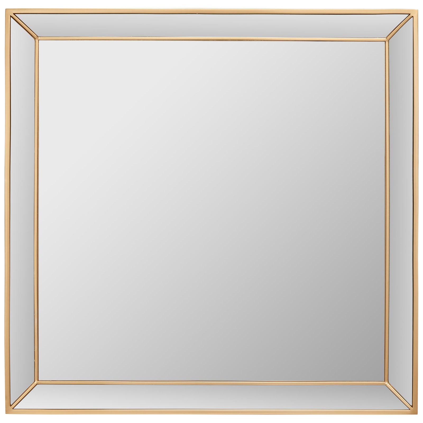 A large square mirror features a warm brass-tone metal outline and a broad reflective center. || MRR2004A || front_studio