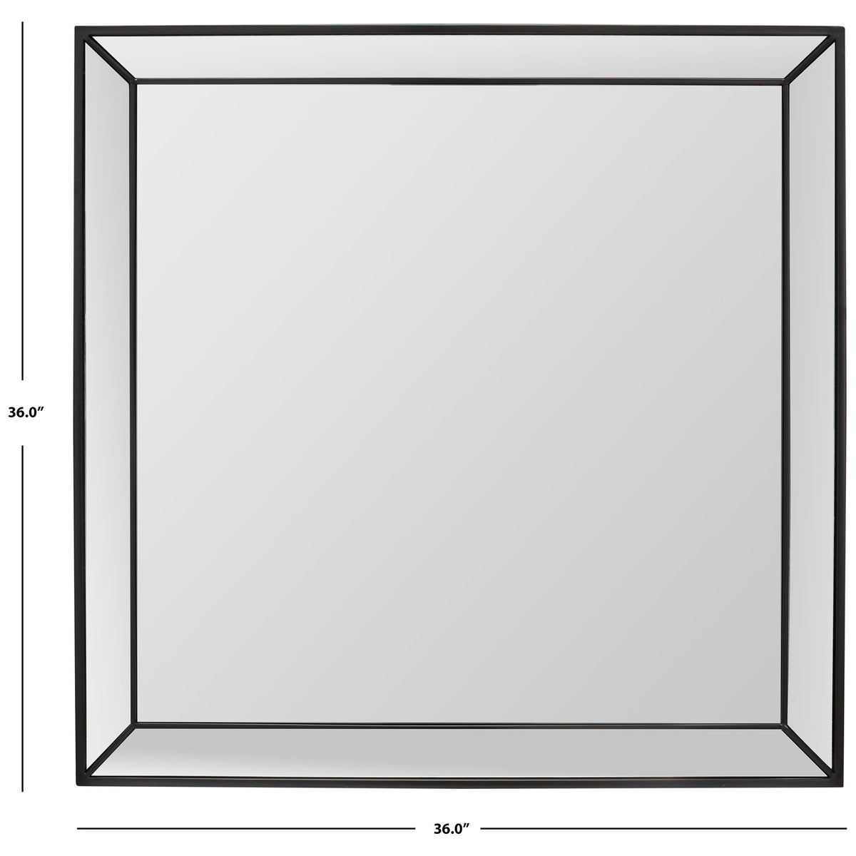 The 36-inch-square mirror pairs an inset reflective center with a crisp black geometric outline.
