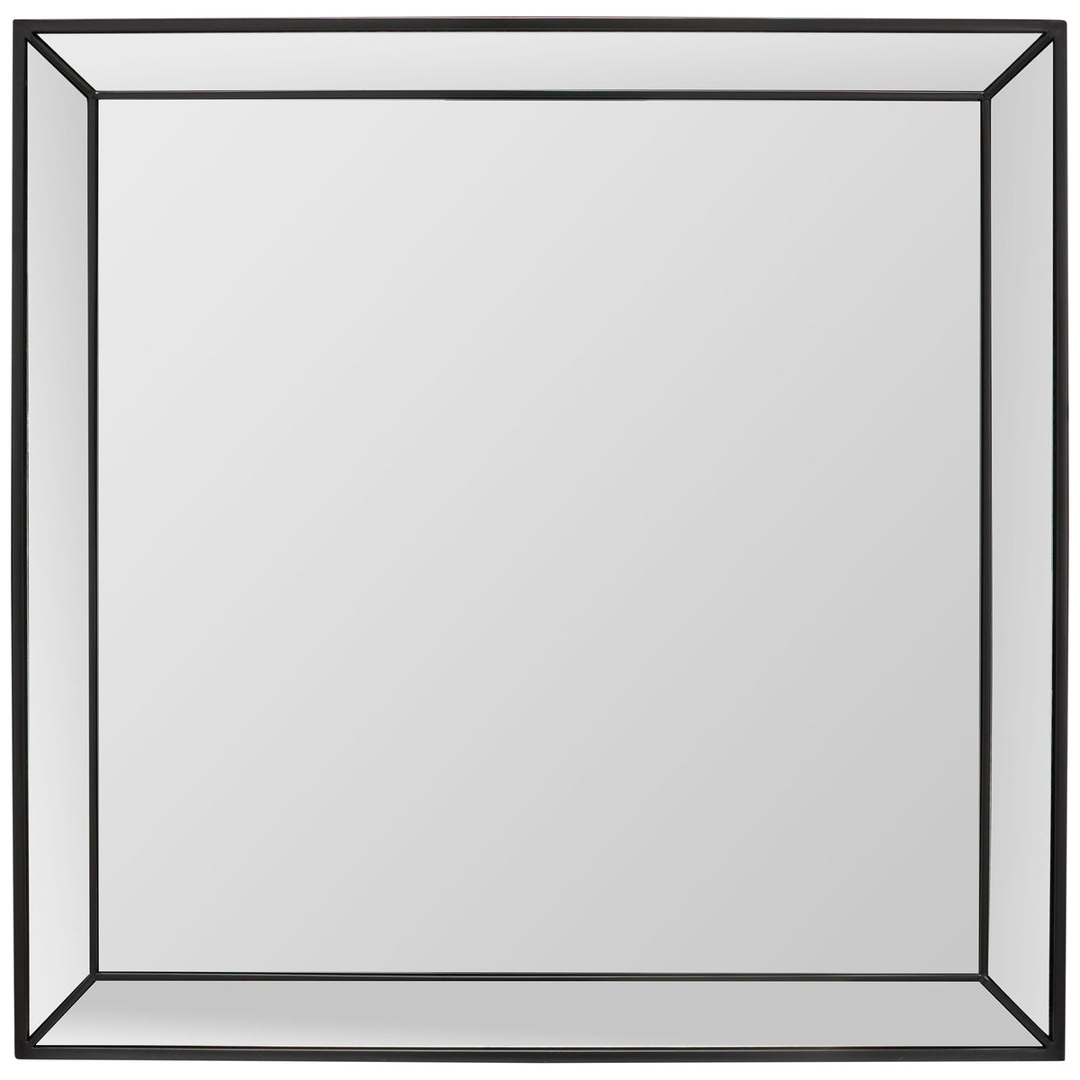 A square black metal frame surrounds a broad mirror, with angled corners adding geometric depth. || MRR2004B || front_studio