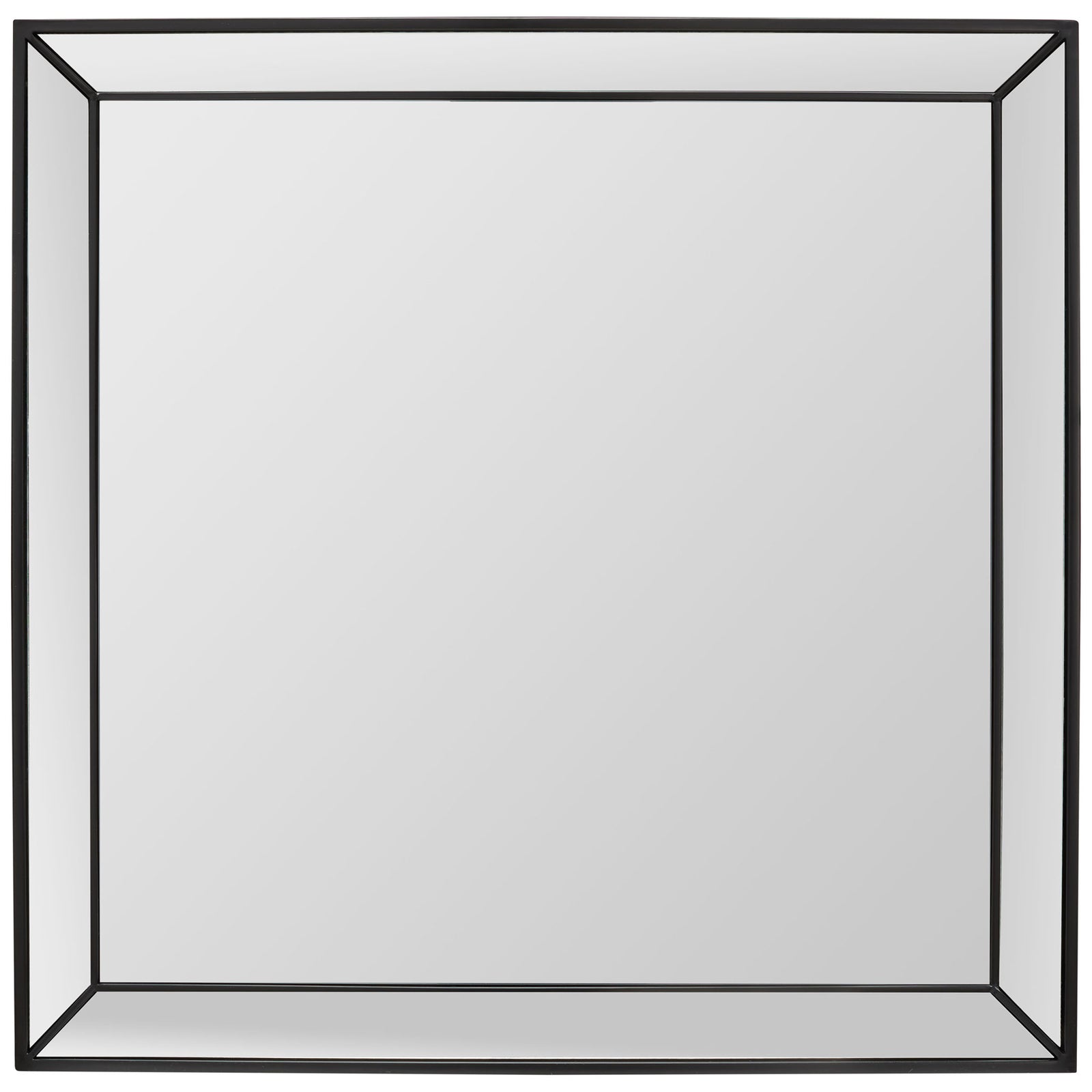 A square black metal frame surrounds a broad mirror, with angled corners adding geometric depth. || MRR2004B || front_studio