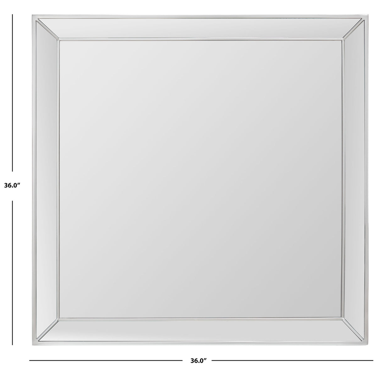 A 36-inch-square mirror combines a reflective center with a streamlined silver metal border. || MRR2004C || dimension_studio