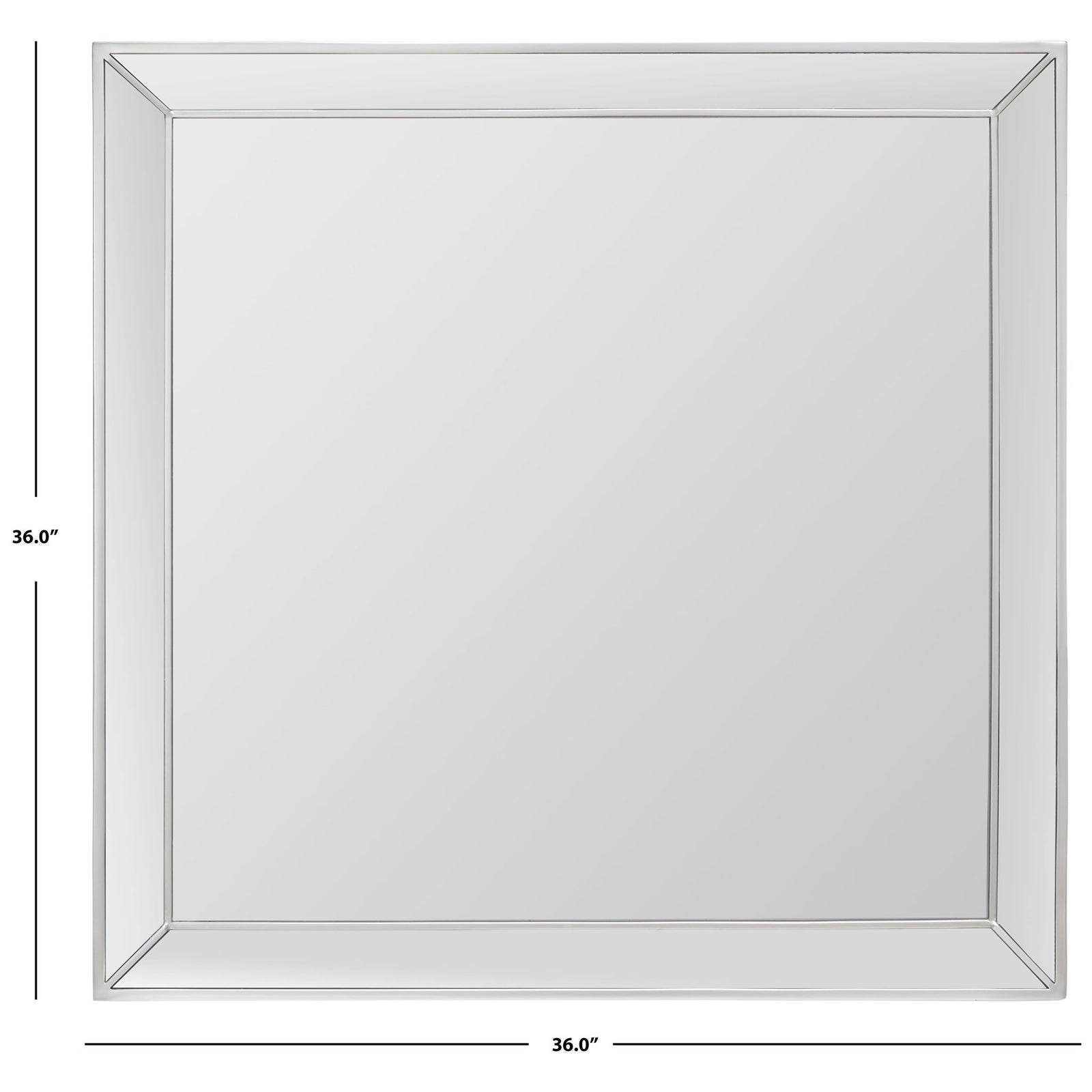 A 36-inch-square mirror combines a reflective center with a streamlined silver metal border. || MRR2004C || dimension_studio