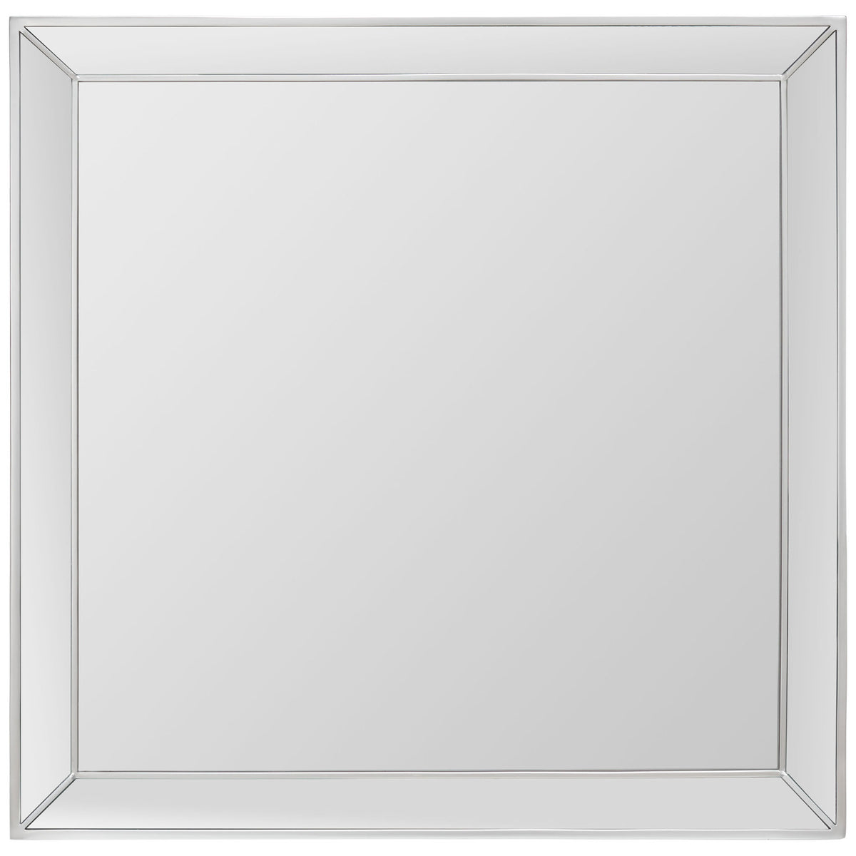 A silver-framed square mirror features angular corner accents and a broad reflective center. || MRR2004C || front_studio
