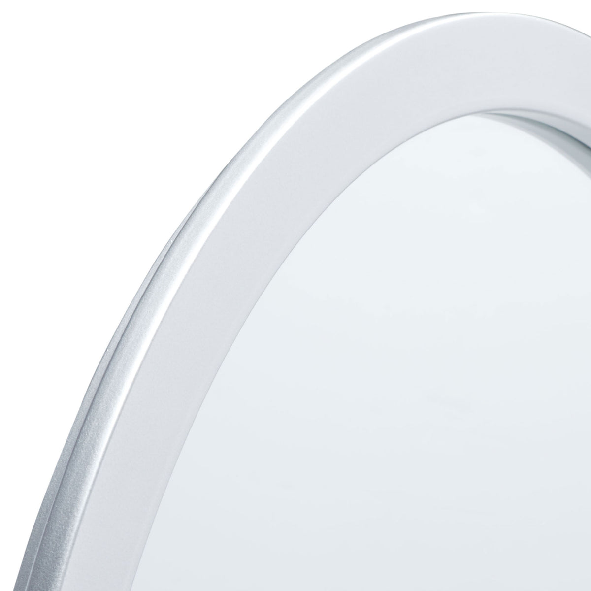 A smooth silver-finish metal rim outlines reflective glass with a gentle sheen || MRR2006D || detail_studio