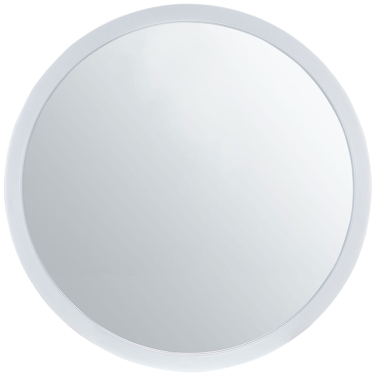 A broad round mirror bordered by sleek silver-finish metal creates a crisp, airy accent || MRR2006D || front_studio